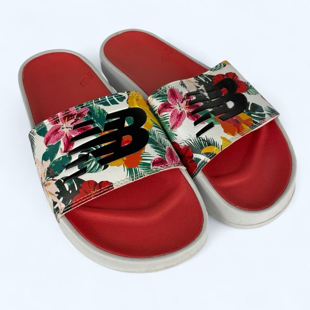 New Balance 200 V1 Women's Size 8 Slide Sandal Floral Logo Print White Slip On - Picture 1 of 7